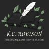 alt="an image of a book with leaves sprouting from the pages while a quill writes scribbles on the book pages sits above the text 'K.C. Robison Crafting Magic, One Chapter At A Time".